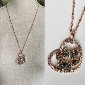 FAC Sparkly Crystal Paw Print Necklace Rose Gold Tone​
